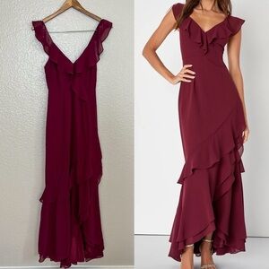 NWOT Charming Event Burgundy Asymmetrical Ruffled Maxi Dress